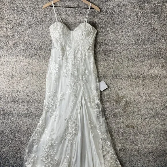 Lulus Wedding Dress Womens Large White Lace Maxi Gown Bridal Corset Back‎ Train - Picture 3 of 13